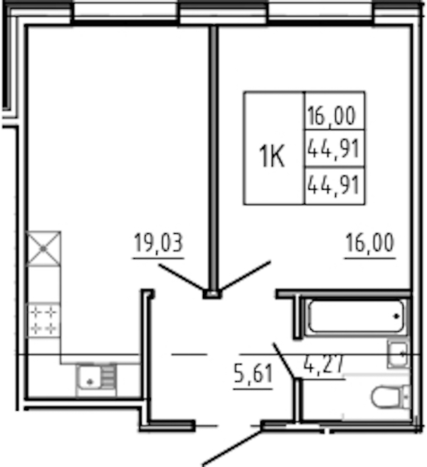 1-комнатная квартира 44.91 м², 1/5 эт., Комплекс апартаментов «Bereg. Курортный»